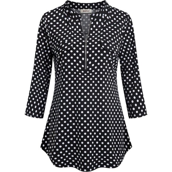 Women's Floral 3/4 Sleeve Shirts Zip up V Neck Work Chiffon Blouses Top - Picture 2 of 4